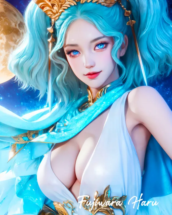 月下の青髪の女神
